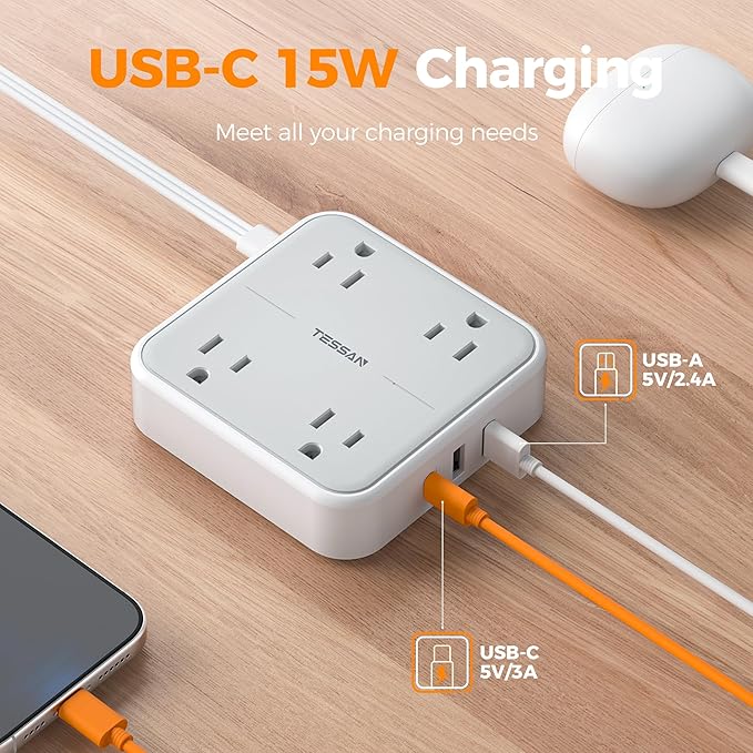 TESSAN Surge Protector Power Strip, 3 Ft Ring Pull Extension Cord - Image 4