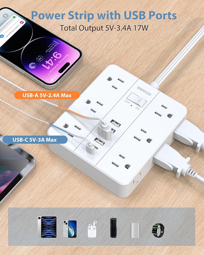 Power Strip Surge Protector 10ft Extension Cord, SMNICE Flat Plug - Image 5