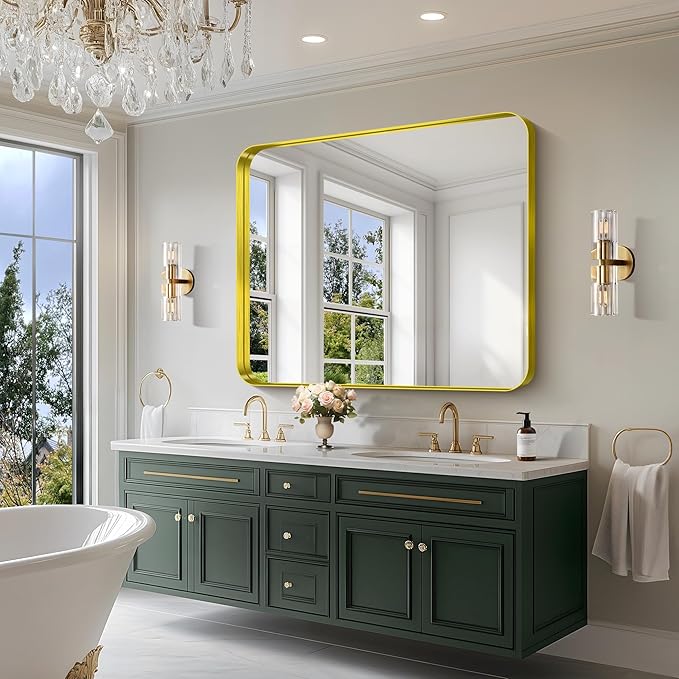 CIRCUMI Gold Bathroom Mirror, Rounded Corner, Tempered Glass, Large Mirror - Image 6