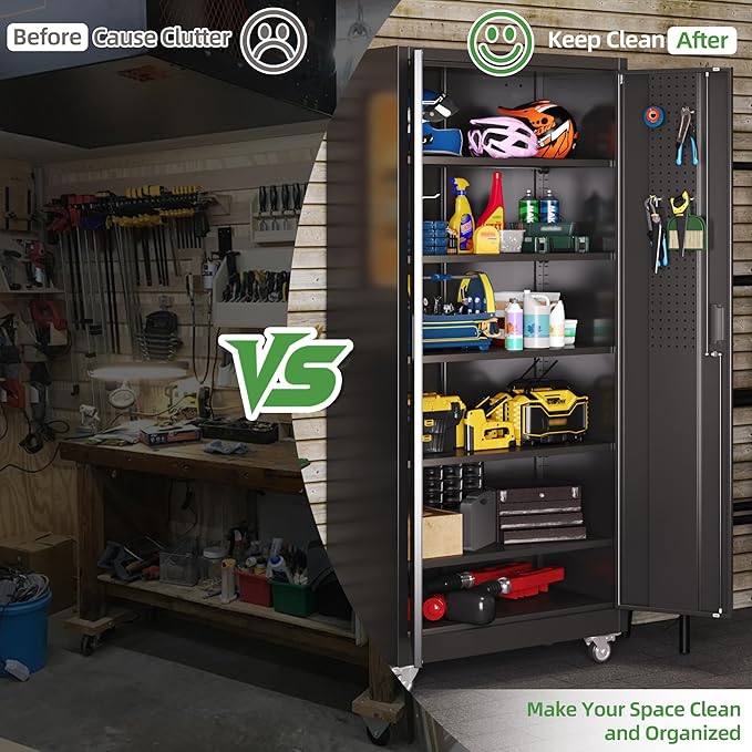 Garage Storage Cabinet with 5 Adjustable Shelves and Door Pegboard, Metal - Image 4