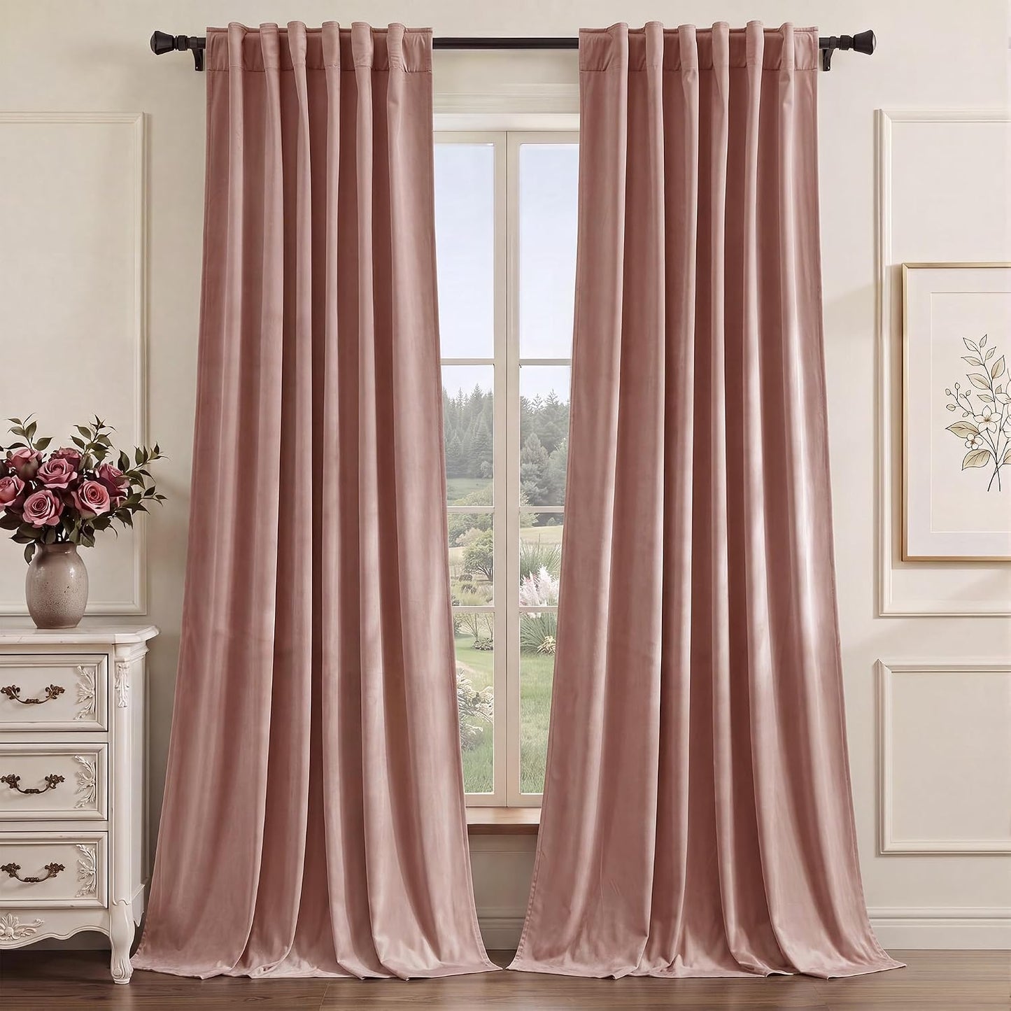 Pink Girls Bedroom Velvet Curtains 90 Inch Length 2 Panels | Romantic Blush Pink Drapes for Salon, Light Dimming Privacy Window Panels, Back Tab & Hook Belt, W52 x L90