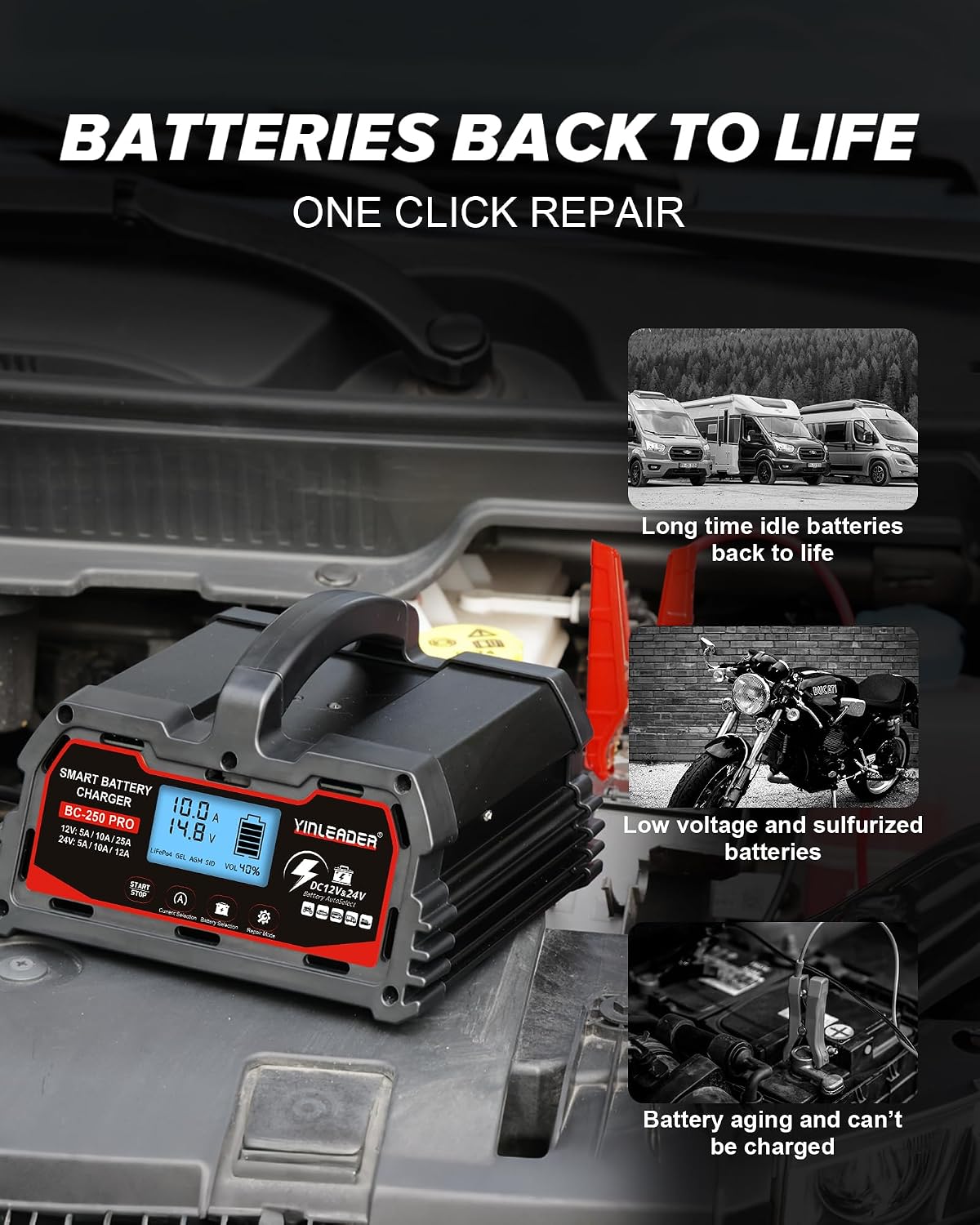 25a car battery charger 12v/24v lead acid & on a desk or shelf
