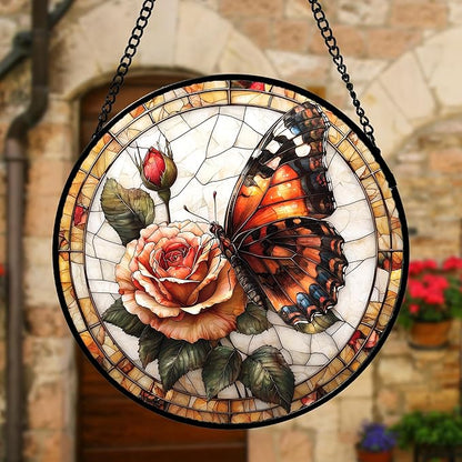 DASTOLL Stained Glass Window Hanging, Butterfly Picking Flowers Suncatcher - Image 2