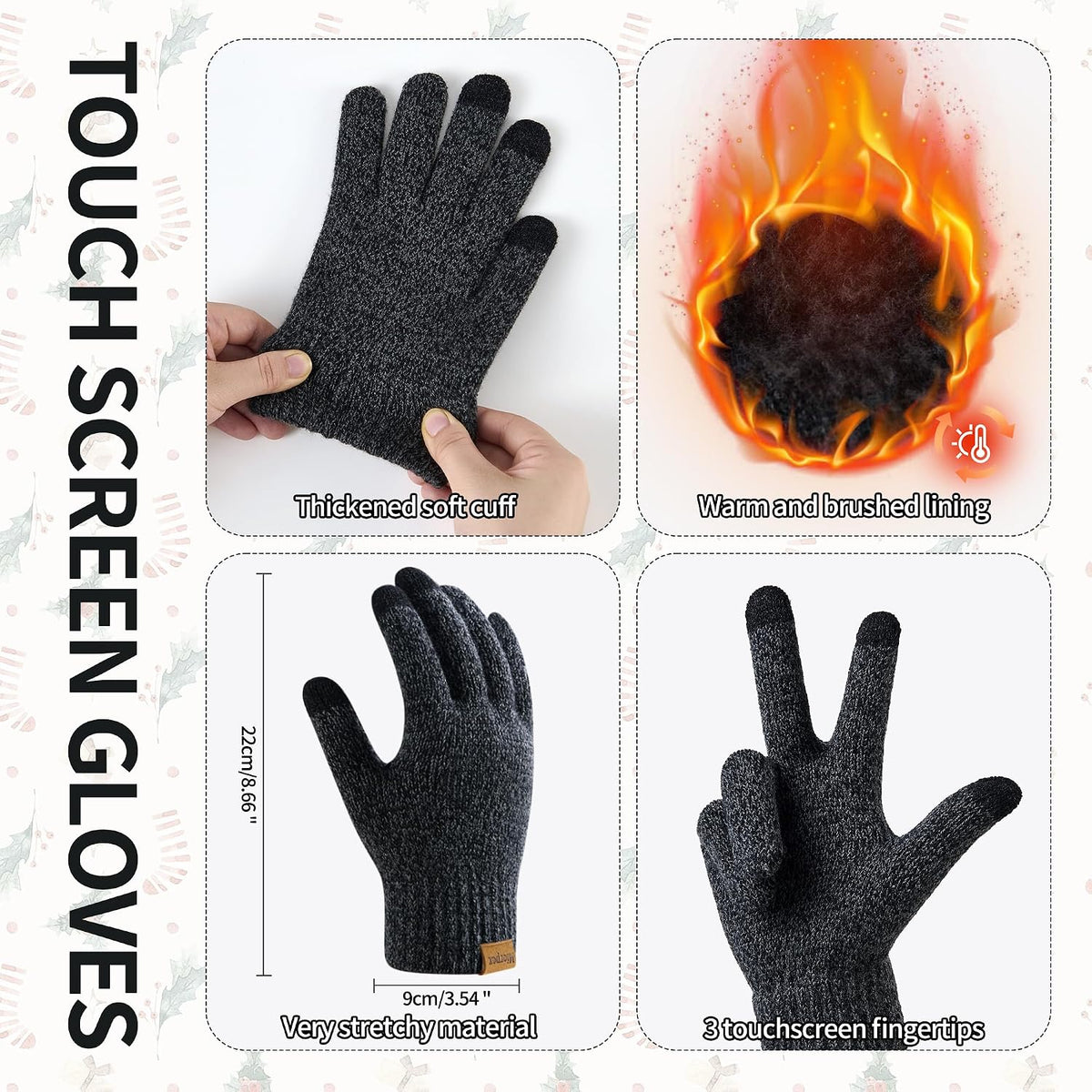 Mens Winter Beanie Hat Touchscreen Gloves Long Scarf 3 Set with Warm Fleece L...