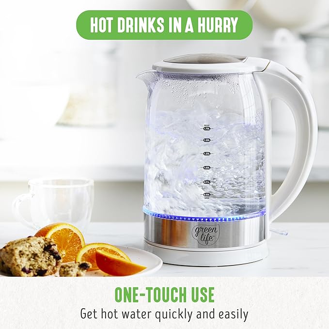 GreenLife 1.7 Liter Glass Electric Kettle, Easy One Touch Use, Quick Heating - Image 2