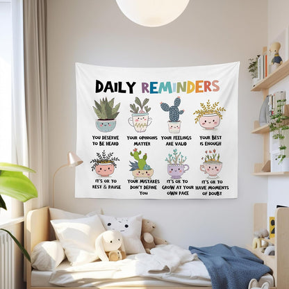 MNOSAIOO Mental Health Floral Wall Tapestry Hanging for Classroom Kids, Daily Reminders Tapestry, Inspirational Cute Cacti Tapestries Wall Decor for Bedroom Therapy Office School Counselor 60x50 inch