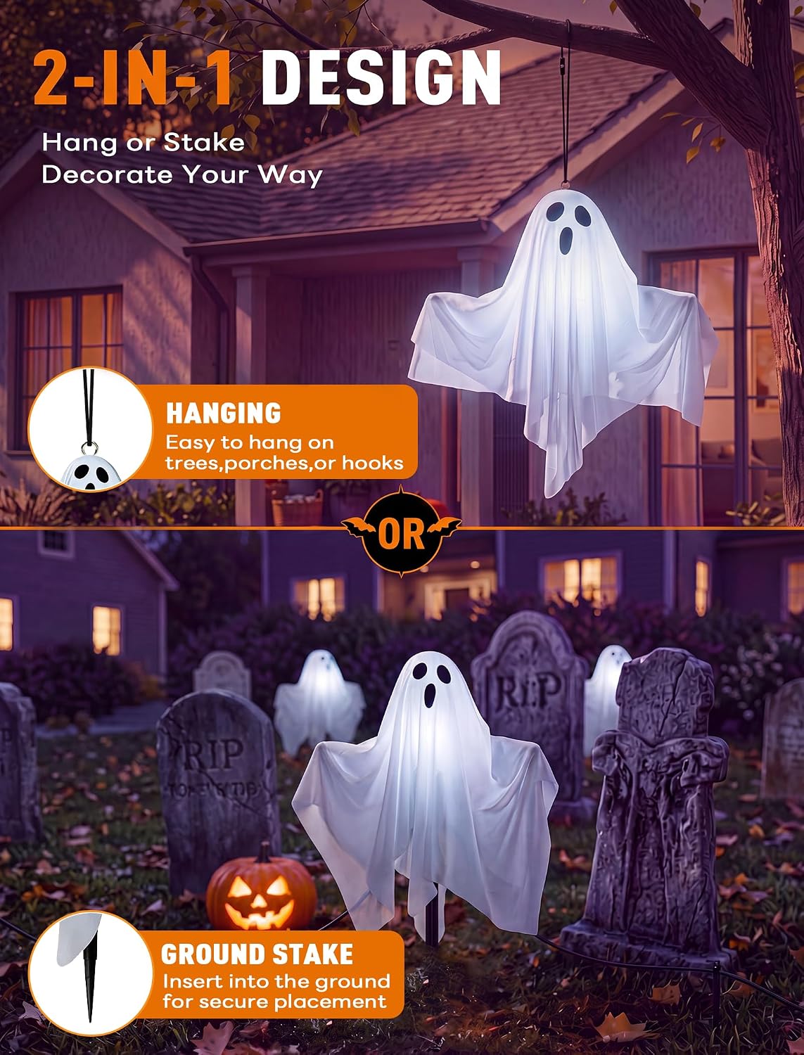 Halloween Ghost Pathway Lights, 4 Pack LED Yard Stake Lights Outdoor Decor