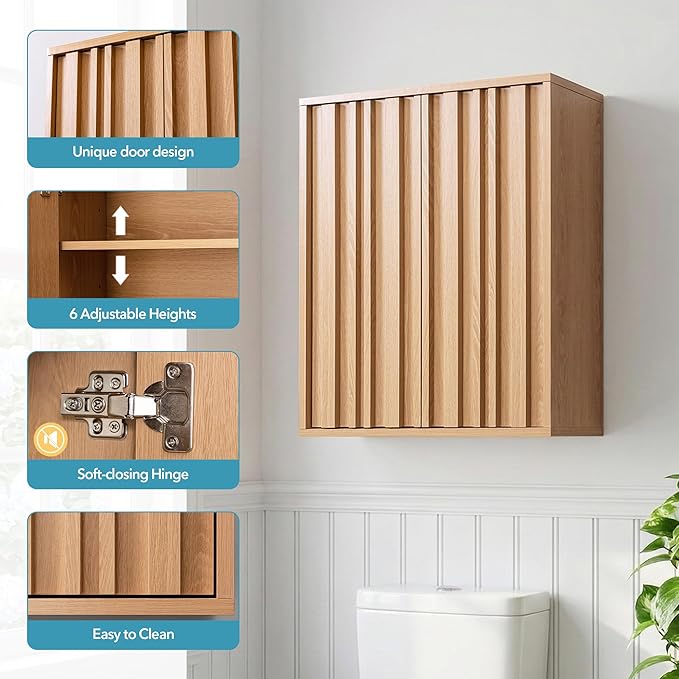 Fluted Wall Cabinet for Bathroom, Modern Wood Hanging Storage Organizer - Image 4
