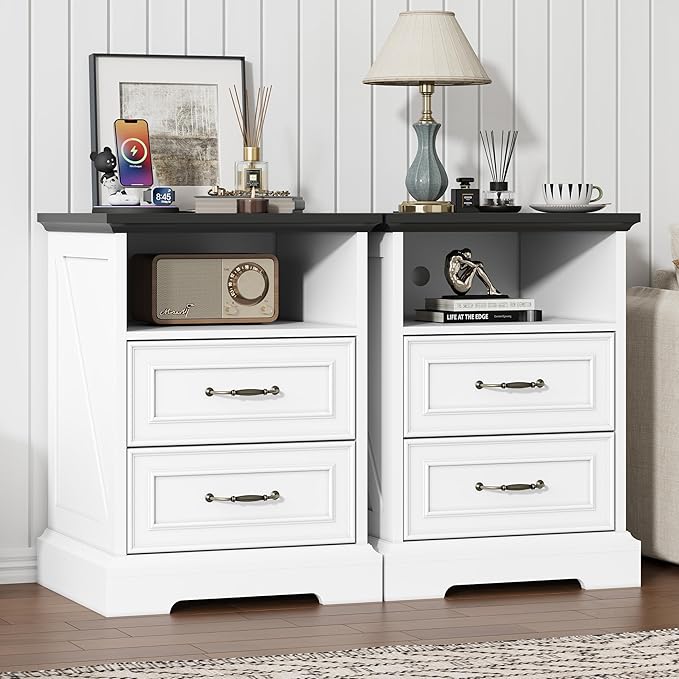 Nightstand with Charging Station, Rustic Farmhouse Wood Small Dresser, Bedside - Image 4