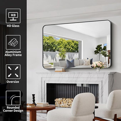 Bathroom Mirror, 55 x 36 inch Black Rectangle Wall Mirror, Metal Frame Rounded - Image 4