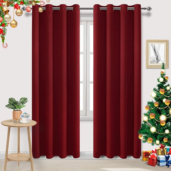 DWCN Burgundy Red Christmas Curtains 84 Inch Length, Solid Blackout Bedroom by DWCN