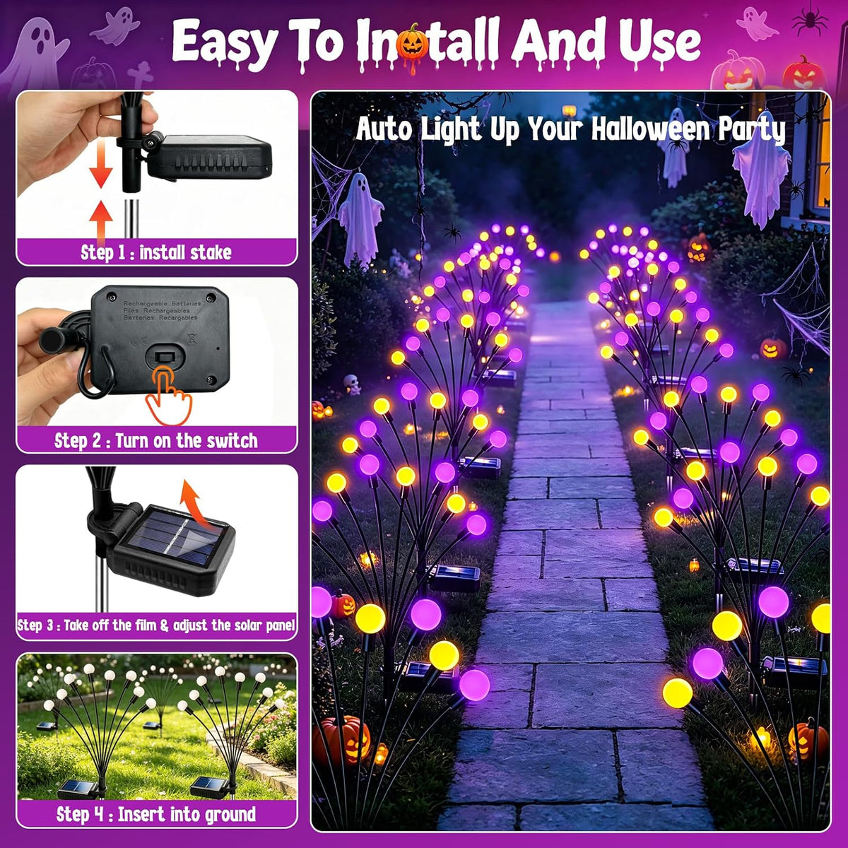 Kohlrabi Halloween Decorations Outdoor, 4 Pack 32 LED Purple and Orange Solar...