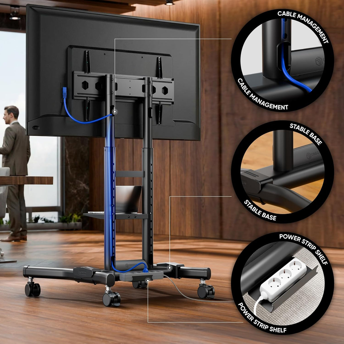 ONKRON Mobile TV Stand 43-75 Inch, up to 143 lbs, max VESA 600x400, Black
