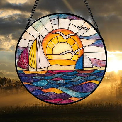 DASTOLL Stained Glass Window Hanging, Sailboat and Waves Suncatcher Diamond - Image 4