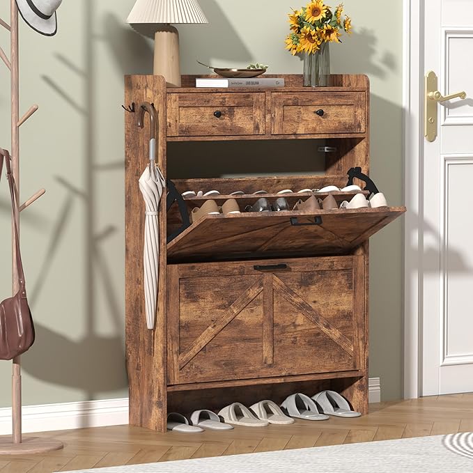 Shoe Cabinet with 2 Flip Drawers & 2 Storage Drawers, Rustic Farmhouse Narrow by Thacuok