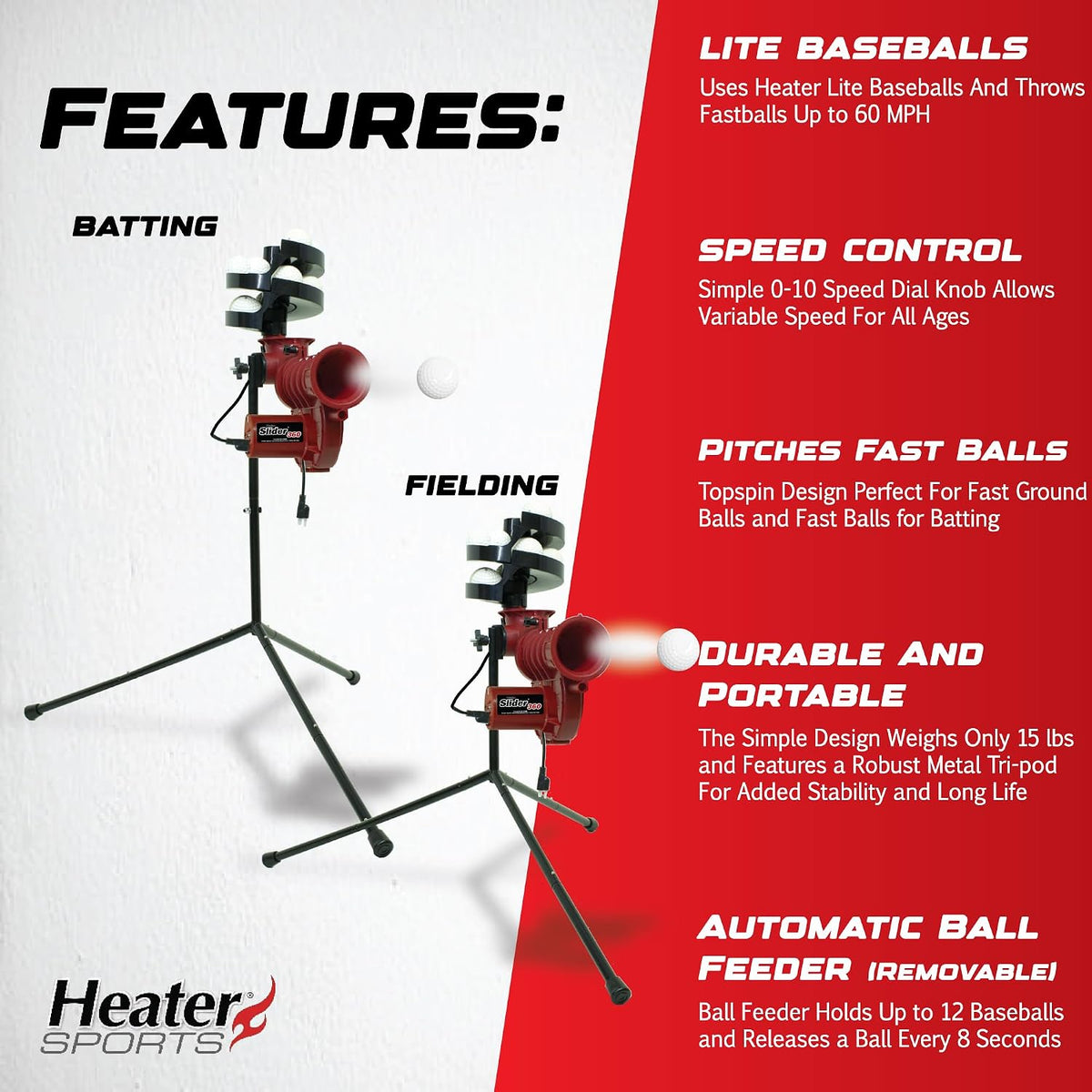Heater Sports Slider Lite 360 Baseball Pitching Machine with Automatic Ball F...