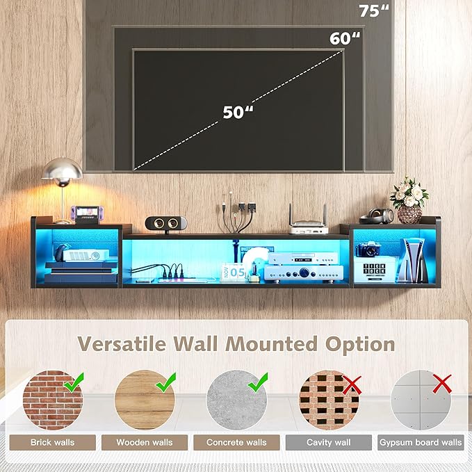 70.9"W Floating TV Stand with LED Lights & Power Outlets - Image 5