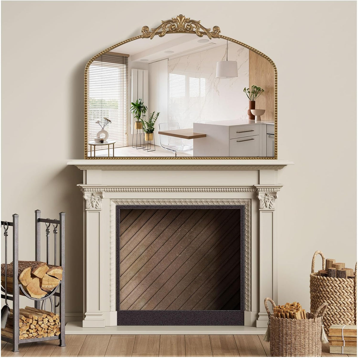 Vintage Gold Baroque Wall Mirror 40"x30", Arched Beaded Frame | Vintage Wide Horizontal Design, Tempered Glass, Ideal for Living Rooms, Entryways, Bathrooms and Above Fireplaces