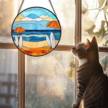 AMDERVEN Stained Glass Window Hanging 4 Pcs Set Blue Ocean Surfing Beach Large - Image 4