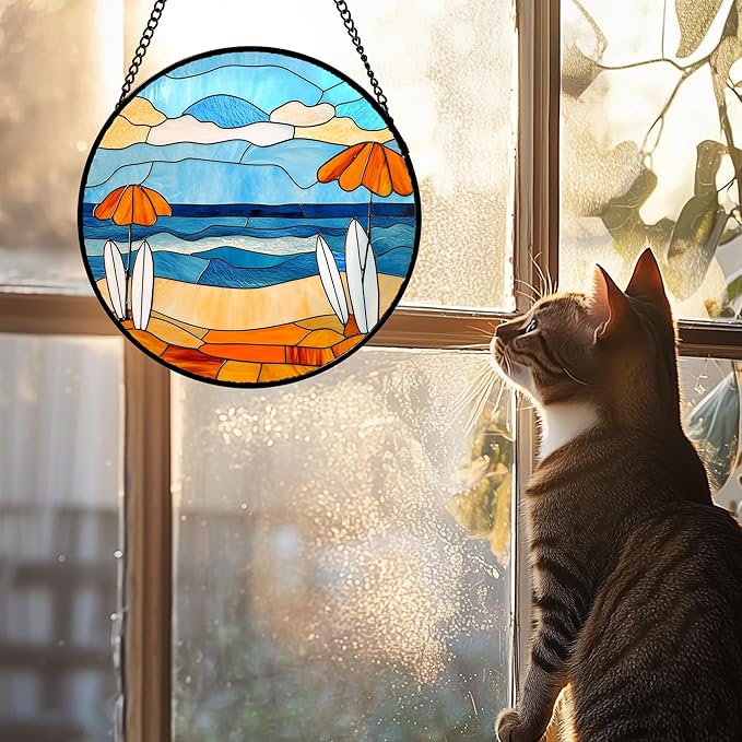 AMDERVEN Stained Glass Window Hanging 4 Pcs Set Blue Ocean Surfing Beach 9.8" - Image 4