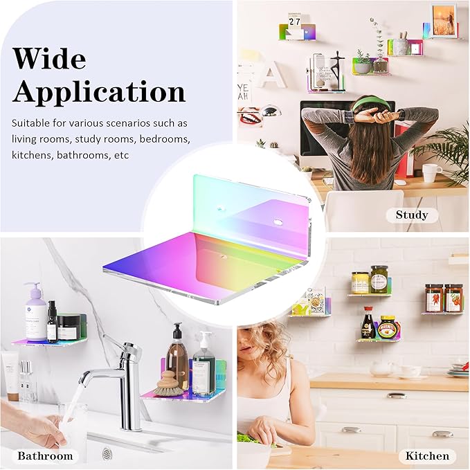 6 Inches Iridescent Acrylic Wall Shelves Set of 2, Wall Mounted Storage Display - Image 6