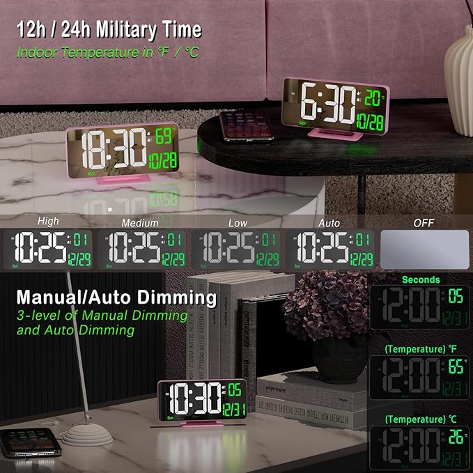 KOSUMOSU Pink Digital Clock 6.7in Desk Clock - Image 4