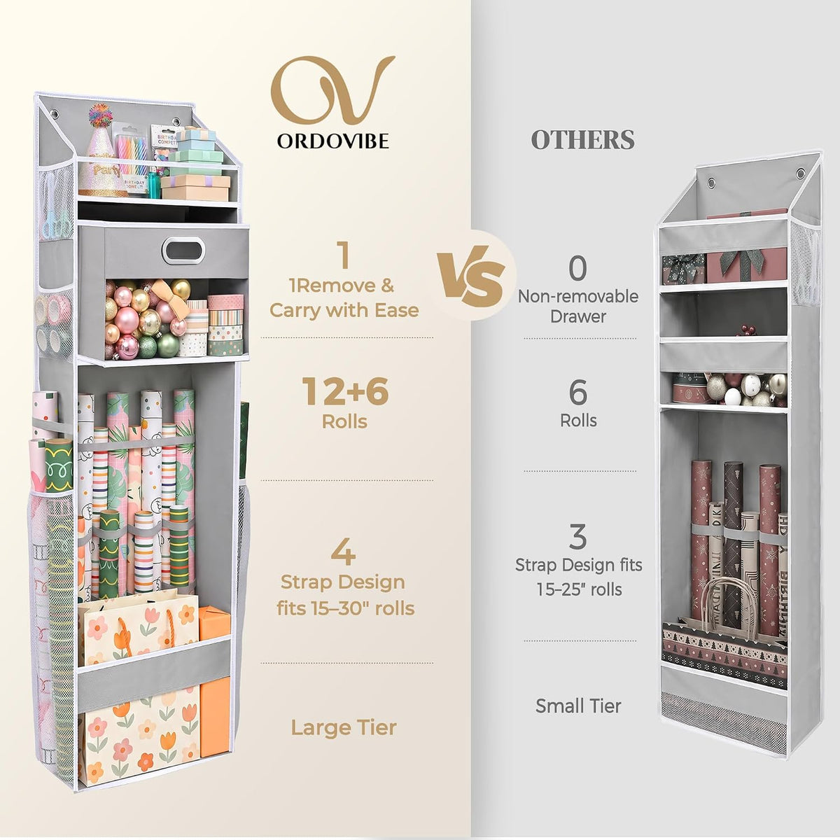 Ordovibe Wrapping Paper Storage Organizer, Over The Door Gift Wrap Holder wit...