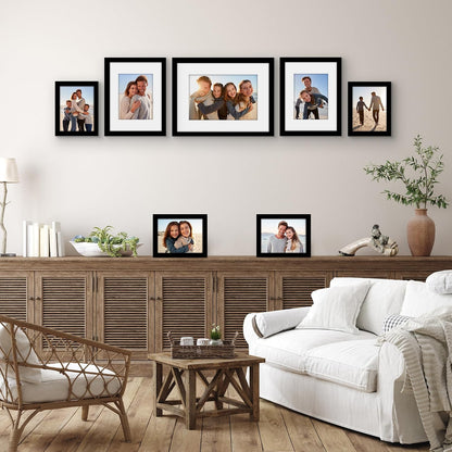 Americanflat Set of 7 Picture Frames with Shatter-Resistant Glass - Gallery Wall Frame Set with One 16x12, Two 9x12, and Four 6x8 Frames - Signature Collection - Black