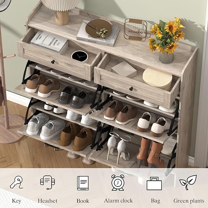 Shoe Cabinet with 4 Flip Drawers & 2 Storage Drawers, Rustic Farmhouse Narrow - Image 5