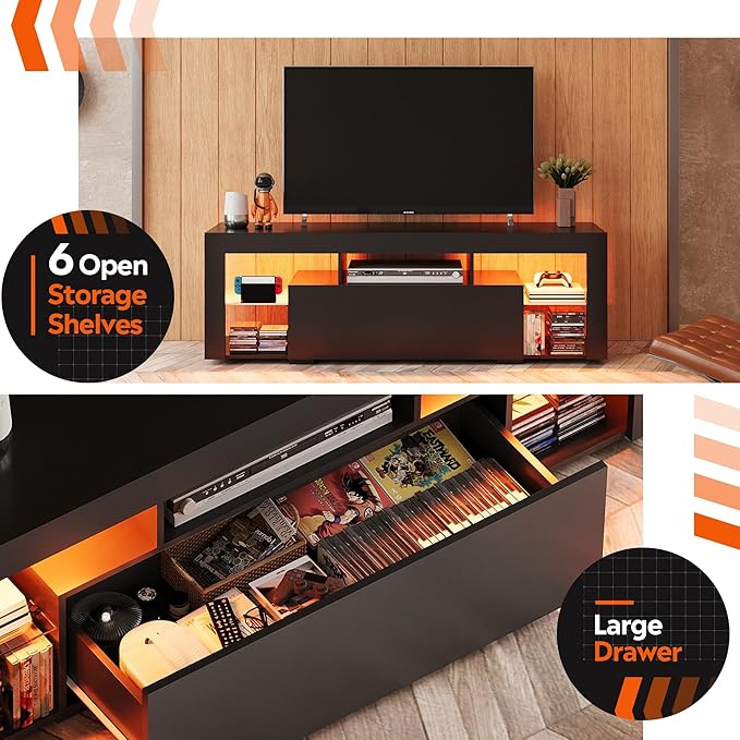 WLIVE TV Stand with LED Lights & 2 Large Storage Drawers, Modern Entertainment - Image 5