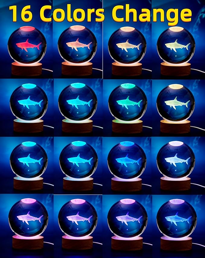 3D Crystal Ball Shark Lamp, Lifelike 3D LED Shark Night Light, 16 Color - Image 2