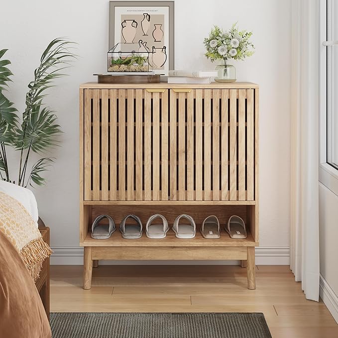 Shoe Cabinet with Slatted Doors, Freestanding Shoe Cabinet Storage - Image 3