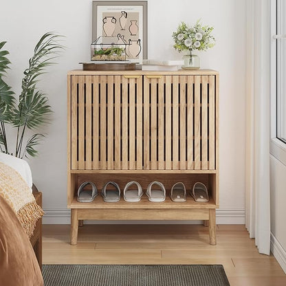 Shoe Cabinet with Slatted Doors, Freestanding Shoe Cabinet Storage - Image 3