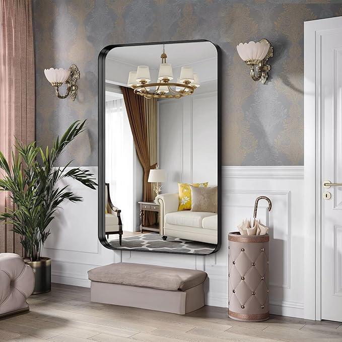 CIRCUMI Black Bathroom Mirror, Rounded Corner, Tempered Glass, Large Mirror - Image 5