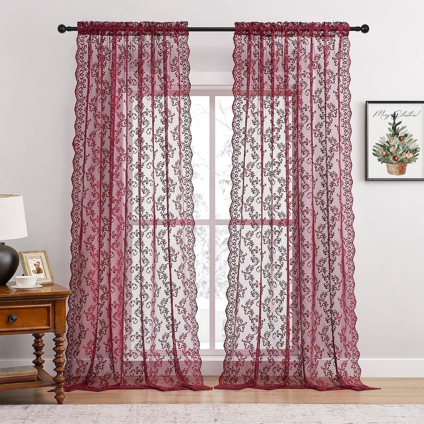 FOLKSIDE Burgundy Lace Curtains 84 Inches Long 2 Panels - Modern Romantic Maroon for Bedroom Living Room, Rod Pocket Light Filtering Sheer French Drapes, Wine Floral Rose Decor, 52x84