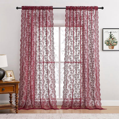 FOLKSIDE Burgundy Lace Curtains 84 Inches Long 2 Panels - Modern Romantic Maroon for Bedroom Living Room, Rod Pocket Light Filtering Sheer French Drapes, Wine Floral Rose Decor, 52x84