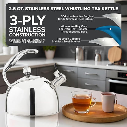 Viking 3-Ply Stainless Steel Tea Kettle, 2.6 Quart Stovetop Hot Water Pot - Image 2