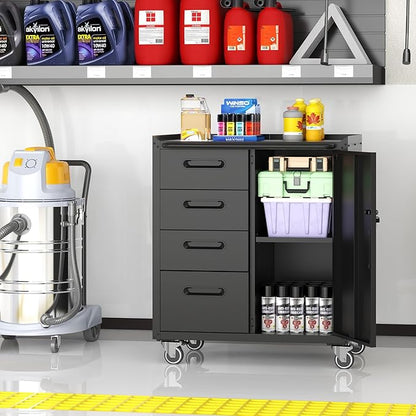 Metal Storage Cabinet with Wheels, Garage Storage Cabinet with 1 Door and 4 - Image 4