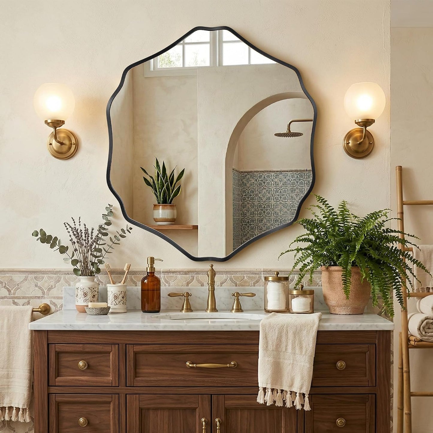 Irregular Hexagon Wall Mirror with Wavy Edge, Modern Decorative Mirror for Bathroom, Bedroom, Living Room, Frameless Vanity Mirror