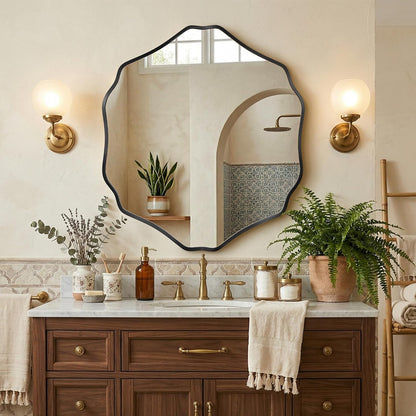 Irregular Hexagon Wall Mirror with Wavy Edge, Modern Decorative Mirror for Bathroom, Bedroom, Living Room, Frameless Vanity Mirror