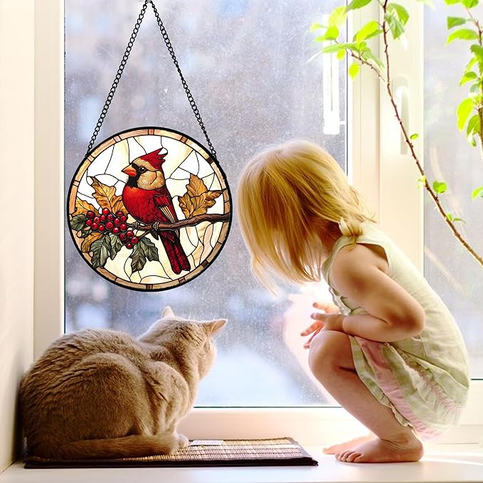 DASTOLL Stained Glass Window Hanging, Birds on a Branch Cardinal Sun Catchers - Image 2