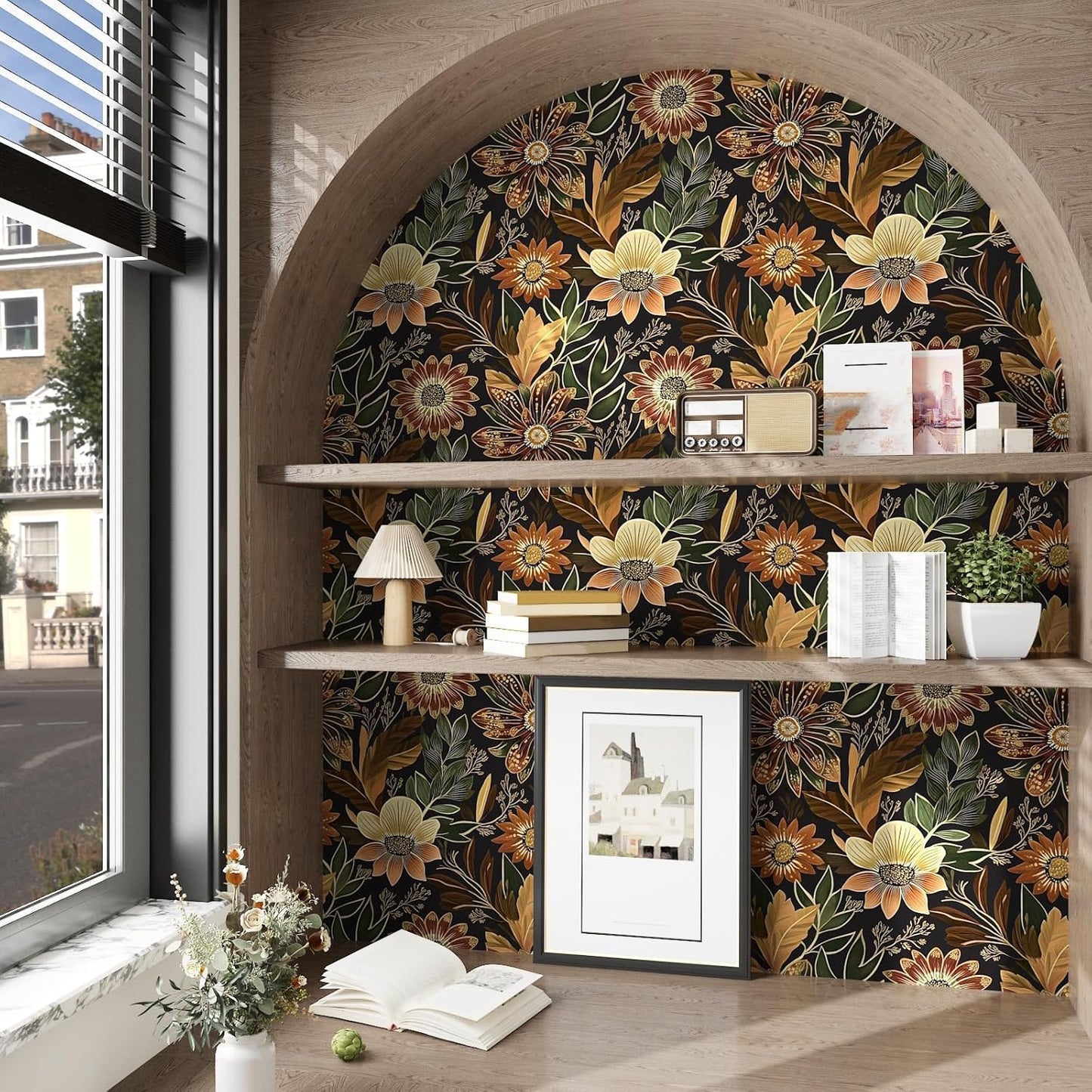 Boho Dark Black Gold Floral Wallpaper Peel and Stick 17.5"x393" | Self Adhesive/Removable/Waterproof/Thick Vinyl Contact Paper for Bathroom Bedroom Shelf Cabinet Drawer,Prepasted,Easy Peel