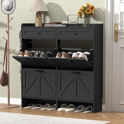 Shoe Cabinet with 4 Flip Drawers & 2 Storage Drawers, Rustic Farmhouse Narrow - Image 3