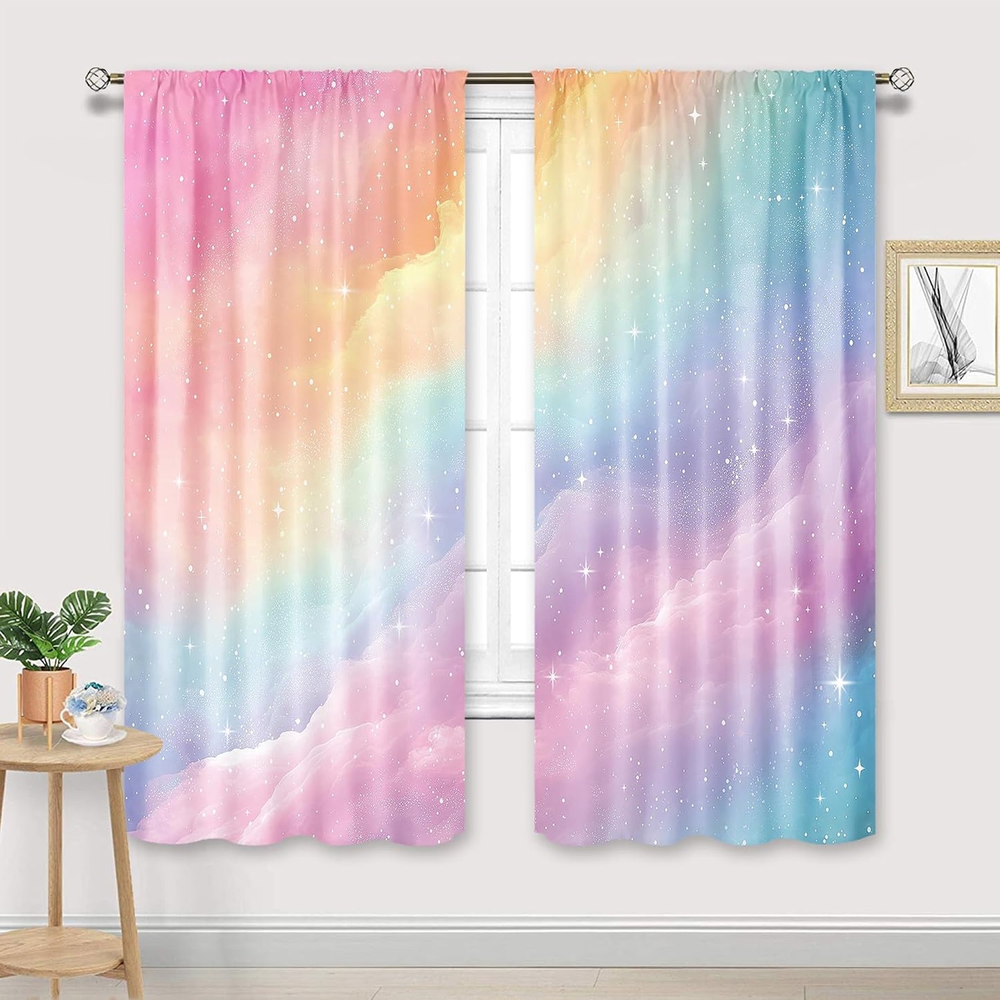 Colorful Rainbow Cute Kids Girls Girly Living Room Bedroom Window Curtains | 42"W x 63"L Galaxy Sky; fade-proof print, 2 panels, rod pocket, easy to install and washable.