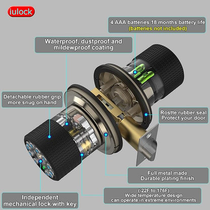 iulock Smart Door Knob with Keypad and Key, Keyless Entry Door Lock with Rubber - Image 4