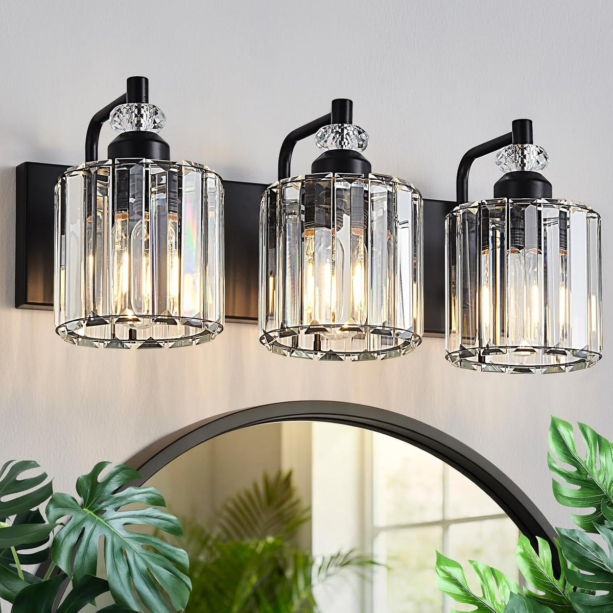 3-Light Black Bathroom Light Fixtures Over Mirror Modern Vanity Lights Crysta...