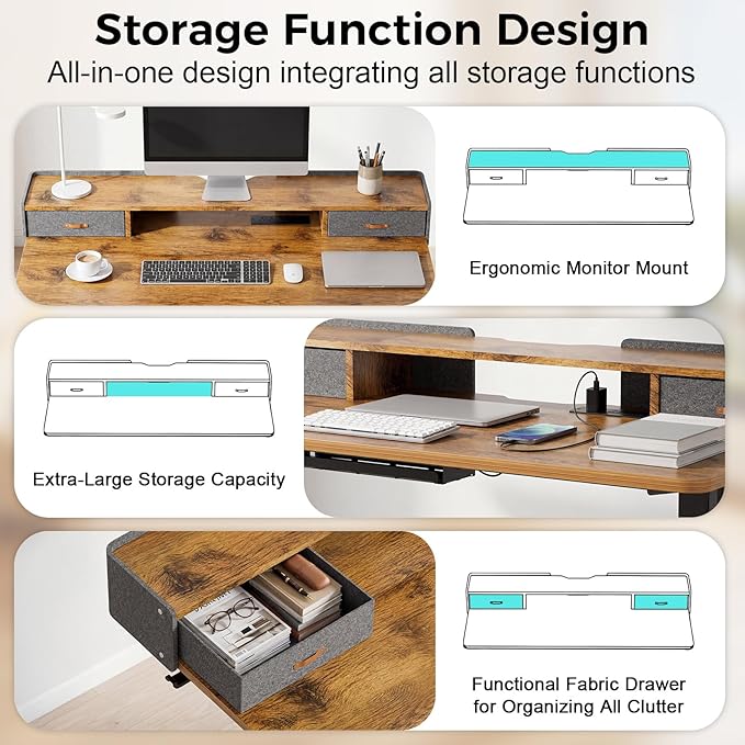 Electric Standing Desk with Drawers, 55 Inch Height Adjustable Desk with Power - Image 5