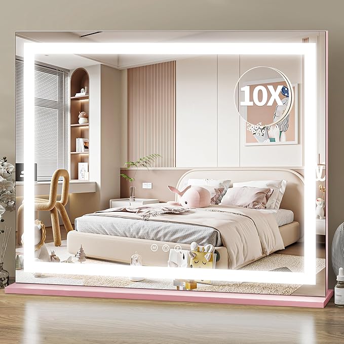 ROLOVE Pink Makeup Mirror with Lights 23x19 Inch, 3-Color Dimmable LED & Touch by ROLOVE