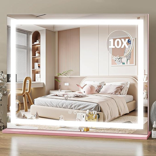 ROLOVE Pink Makeup Mirror with Lights 23x19 Inch, 3-Color Dimmable LED & Touch by ROLOVE