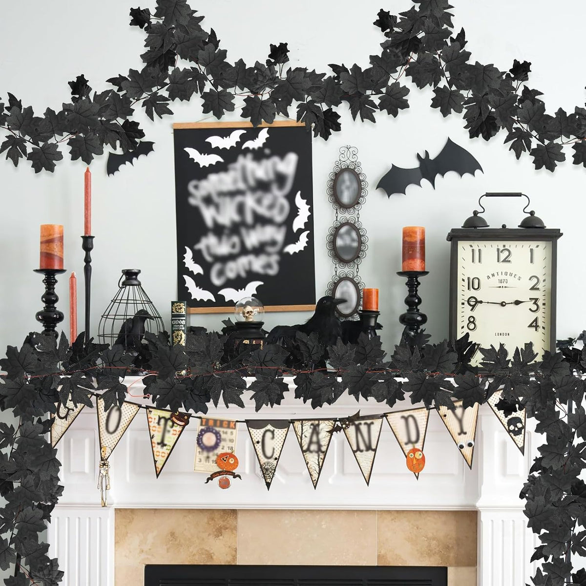 Obbsie 8 Pack 7.8Ft Black Maple Leaf Garland, Halloween Fall Decor